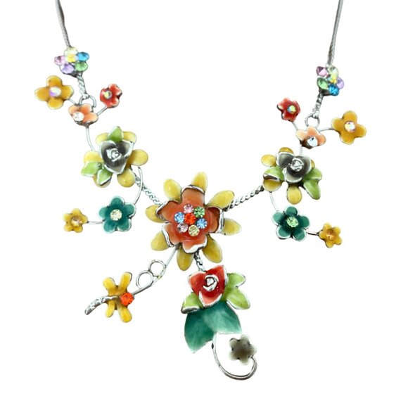 Elegant Flower Necklace with Colored Gems, Ajustable 15 to 18 inches - Picture 5 of 5